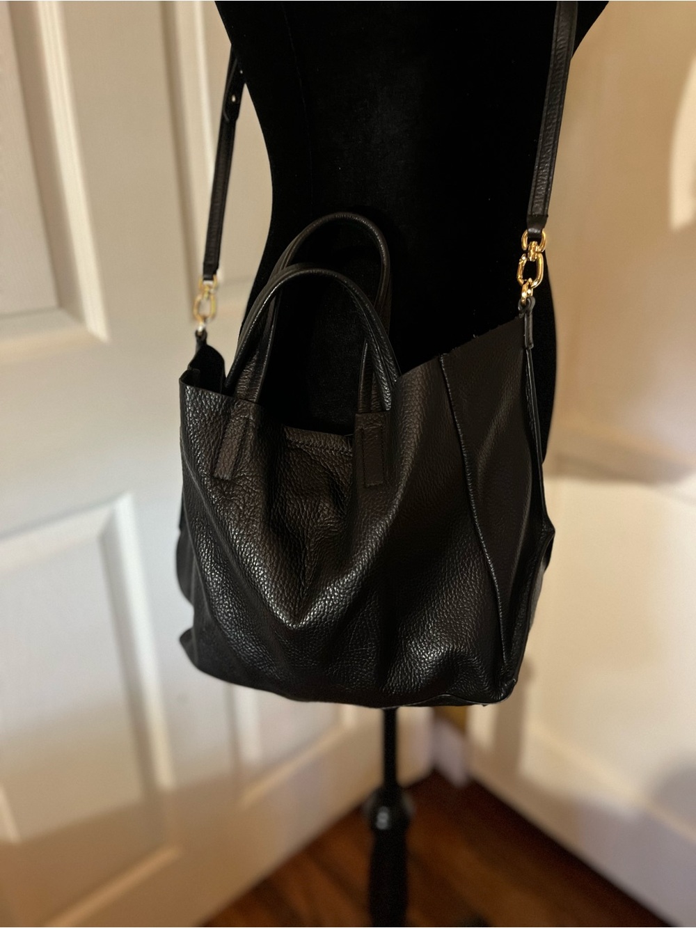 Banana Republic Classic Black Leather Tote Bag with Gold Hardware